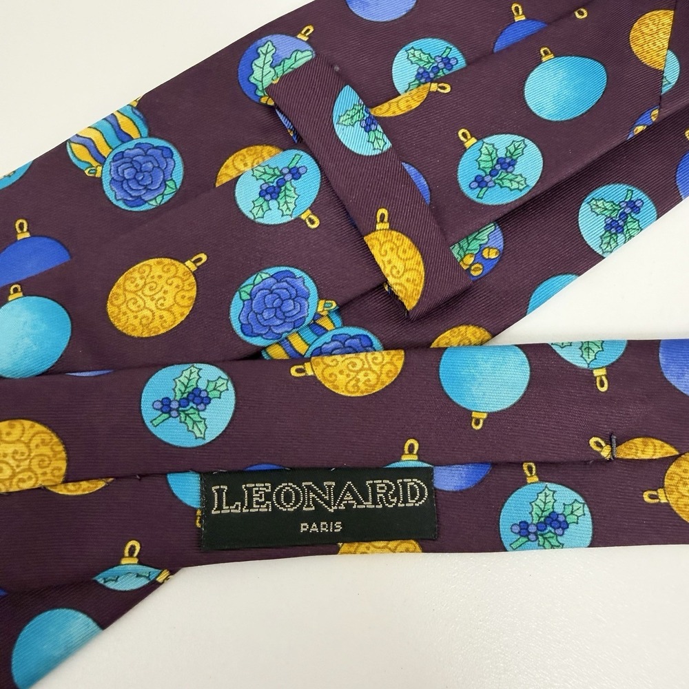 Leonard Paris Mens Tie Floral Ornaments Floral Eggplant/Turquoise Silk 3.75" 56"